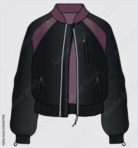 RAGLAN SLEEVES PUFFED QUILTED SATIN BOMBER UNISEX JACKET WITH TOGGLE DETAILED ON CUFFS DESIGNED FOR MEN AND WOMEN IN VECTOR ILLUSTRATION