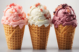 Ice cream scoop on waffle cone on transparent background cutout, PNG file. Many assorted different flavour Mockup template for artwork design made with AI generative technology