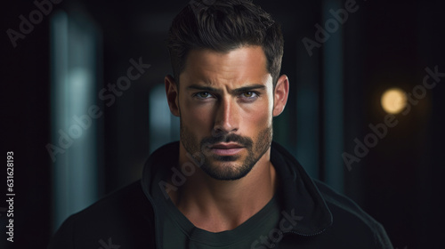 Portrait of handsome man with a black hoodie, upper body