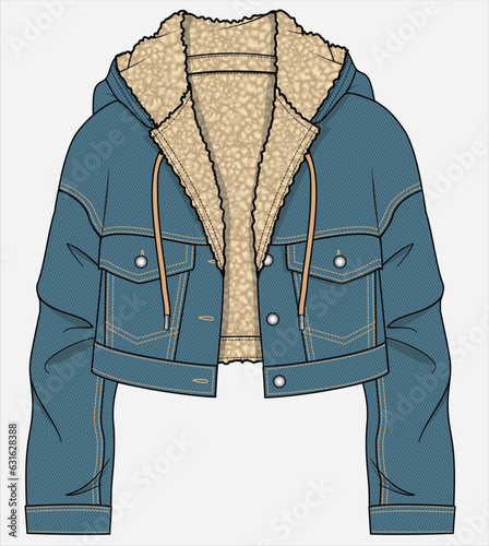 DROP SHOULDER CROPPED LENGTH DENIM JACKET WITH SHEARLING TRIMS DETAIL DESIGNED FOR WOMEN AND TEEN GIRLS IN VECTOR ILLUSTRATION photo