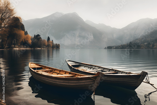 wooden boats on a mooring mountain lake. Wooden boat parked next to a old wooden dock with mountains on background. Reflection of the forest in the green water
