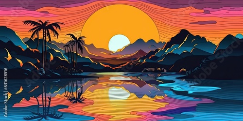 disco style party comics illustration of bright orange sunset on the beach. Blue montain  viollet palm  sun reflection on the sea.Ai generated