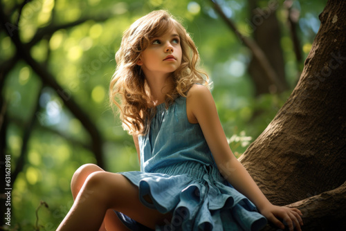 A portrait of a young girl with a curious expression. She is wearing a blue sundress and is sitting the middle of a forest photo