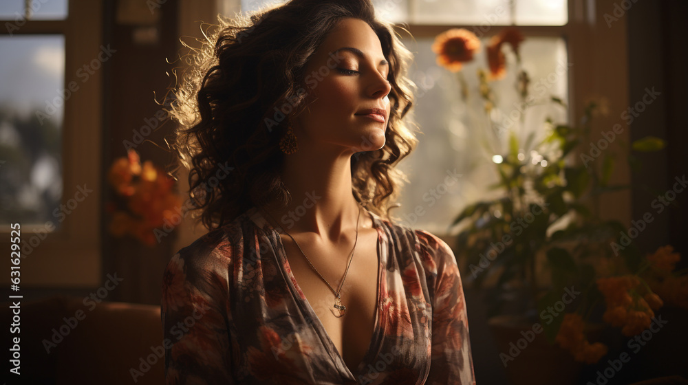 Middle aged woman meditating at home with eyes closed, relaxing body and mind in a living room. Mental health and meditation for no stress concept made with AI generative technology Middle aged woman meditating at home with eyes closed, relaxing body and mind in a living room. Mental health and meditation for no stress concept made with AI generative technology