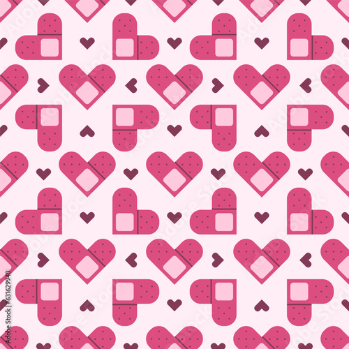 Flat cute seamless pattern of medical plaster with hearts. Blood donation print design in doodle style..