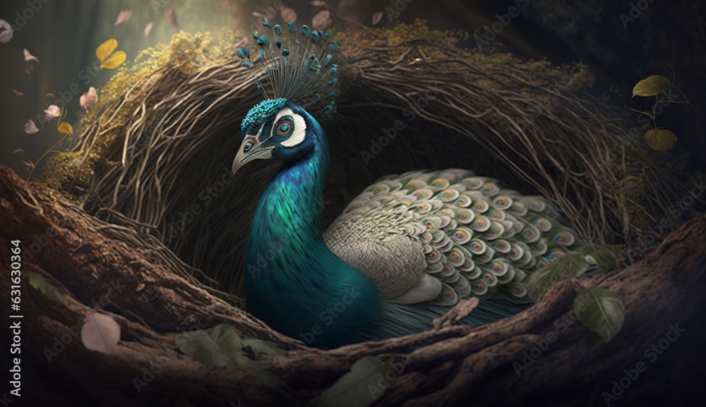 Peacock With Birds Nest Realistic Impressive Ai Generated Art Stock Peacock With Birds Nest Realistic Impressive Ai Generated Art Stock