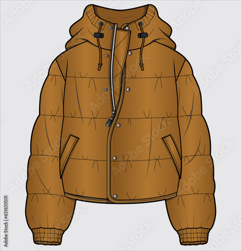 HOODED CROPPED PUFFA JACKET WITH ELASTICATED CUFF DETAIL DESIGNED FOR WOMEN AND TEEN GIRLS IN VECTOR ILLUSTRATION