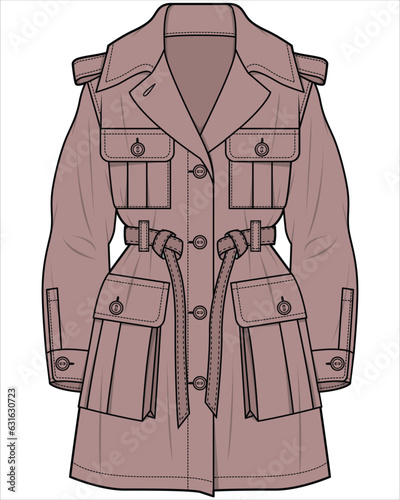 LONG LENGTH SAFARI PARKA WITH UTILITY POCKET DETAIL DESIGNED FOR WOMEN AND TEEN GIRLS IN VECTOR ILLUSTRATION