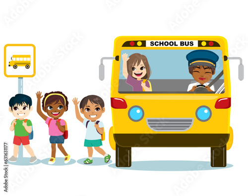Vector illustration of little kids boy and girl ride school bus and go home from school. First day of back to school concept