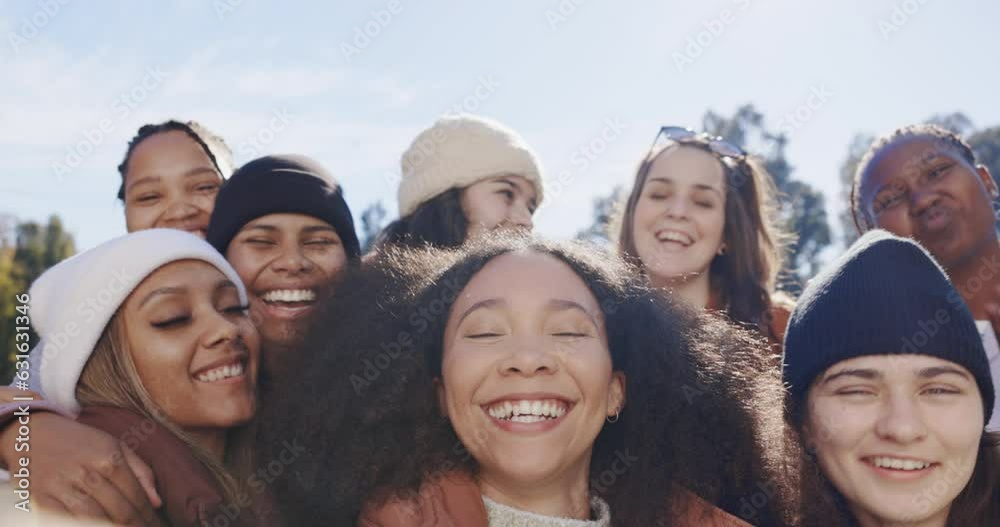 Selfie, friends and peace sign outdoor in nature for adventure, travel and hiking. POV of happy women group together for profile picture, diversity or social media memory on holiday or fun vacation Selfie, friends and peace sign outdoor in nature for adventure, travel and hiking. POV of happy women group together for profile picture, diversity or social media memory on holiday or fun vacation