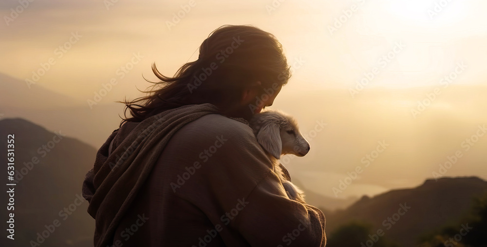 Shepherd Jesus Christ Taking Care of One Missing Lamb during Sunset. 