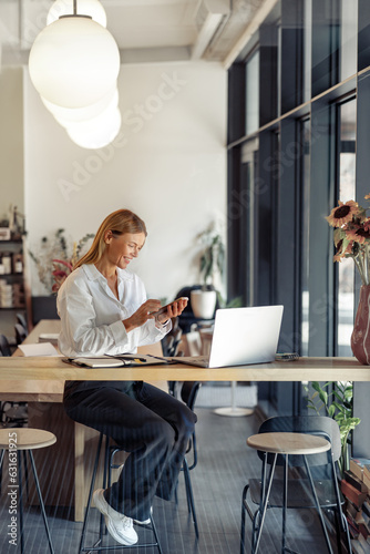 Smiling mature business woman working on laptop while sitting in cozy office and holding phone