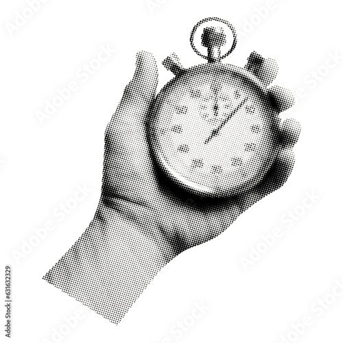 hand holding a stopwatch isolated in retro halftone black and white collage element for mixed media design vintage dotted pop art style grunge punk crazy photo