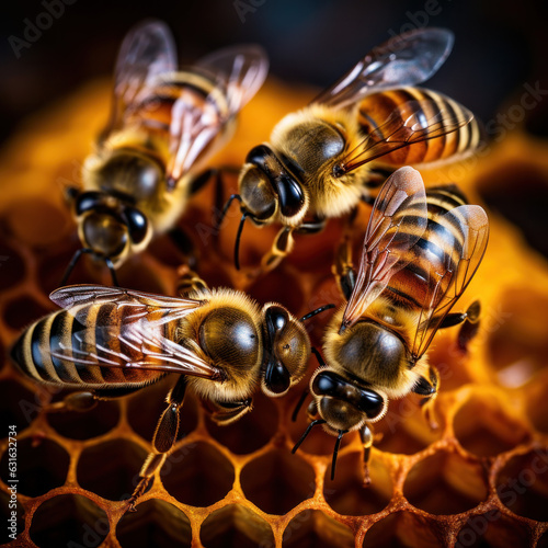 Close up of bees in a beehive on honeycomb