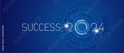 Success 2024 New Year abstract wheel circle word cloud text white shining sparkle firework bold light typography blue greeting card banner