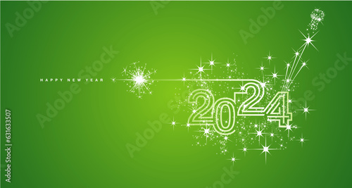 New years eve 2024 compact white triple line design white sparkle firework champagne open new year eve lucky green vector wallpaper greeting card