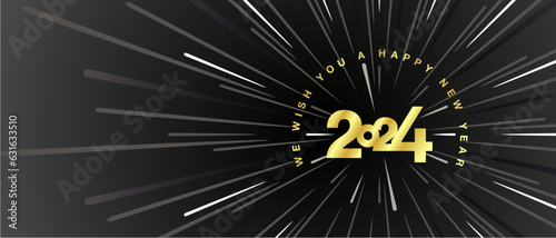 We wish you a Happy New Year 2024 high warp speed space golden type typography with abstract tunnel or speedometer shape black background greeting card