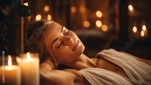 beautiful woman relaxing in cozy spa ,aroma lamp ,candle light ,in cozy spa salon