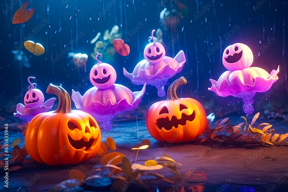 Cute little ghosts flying around pumpkin, Halloween theme background illustration