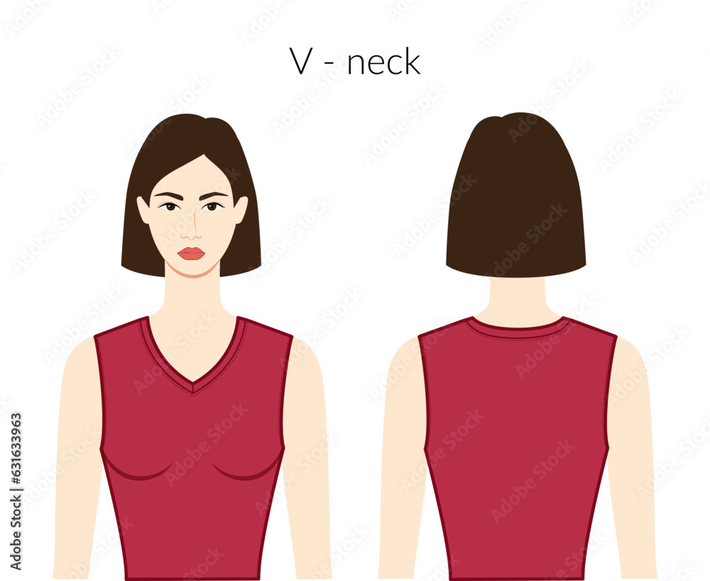 V - neckline clothes knits, sweaters character beautiful lady in burgundy top, shirt, dress technical fashion illustration with fitted body. Flat apparel template. Women, men unisex CAD mockup V - neckline clothes knits, sweaters character beautiful lady in burgundy top, shirt, dress technical fashion illustration with fitted body. Flat apparel template. Women, men unisex CAD mockup
