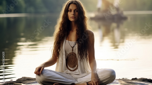 Meditating woman next to body of water, in the style of light gray and light brown