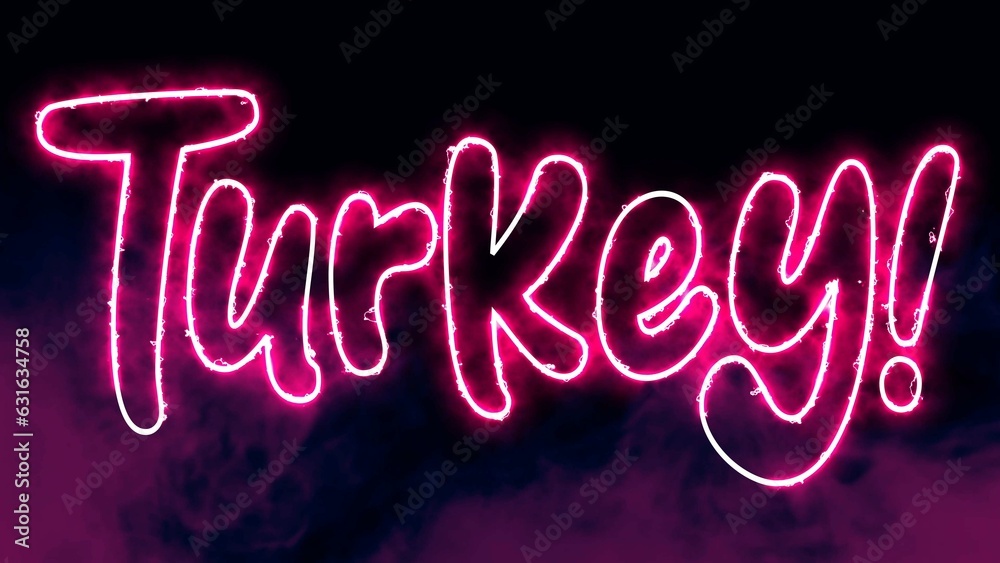 Turkey text font with neon light. Luminous and shimmering haze inside the letters of the text Turkey. Turkey neon sign. Turkey text font with neon light. Luminous and shimmering haze inside the letters of the text Turkey. Turkey neon sign.