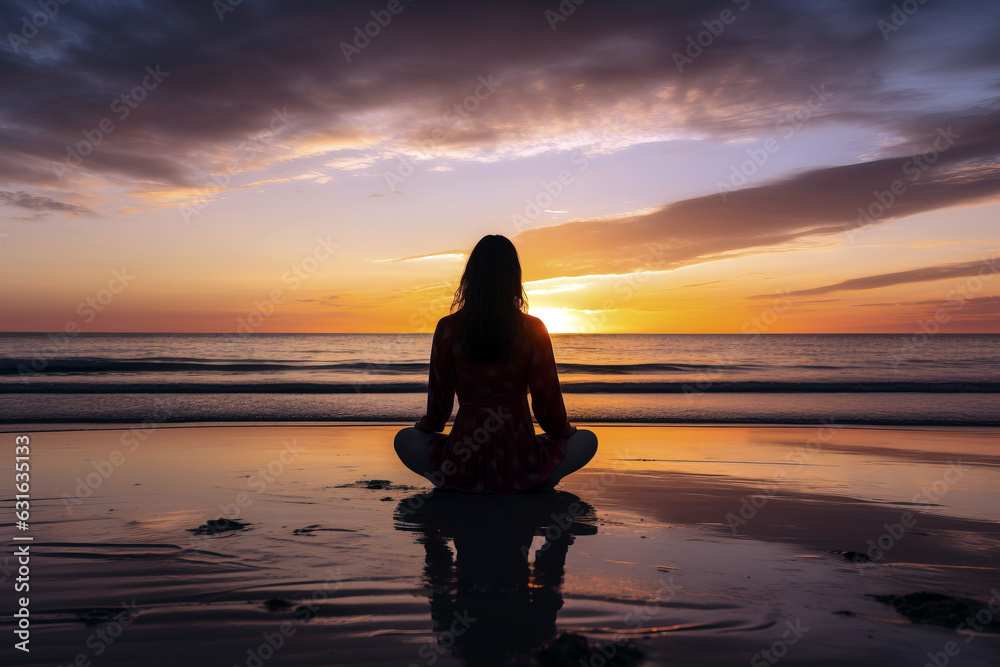 Back view of a woman meditating at the beach at sunset