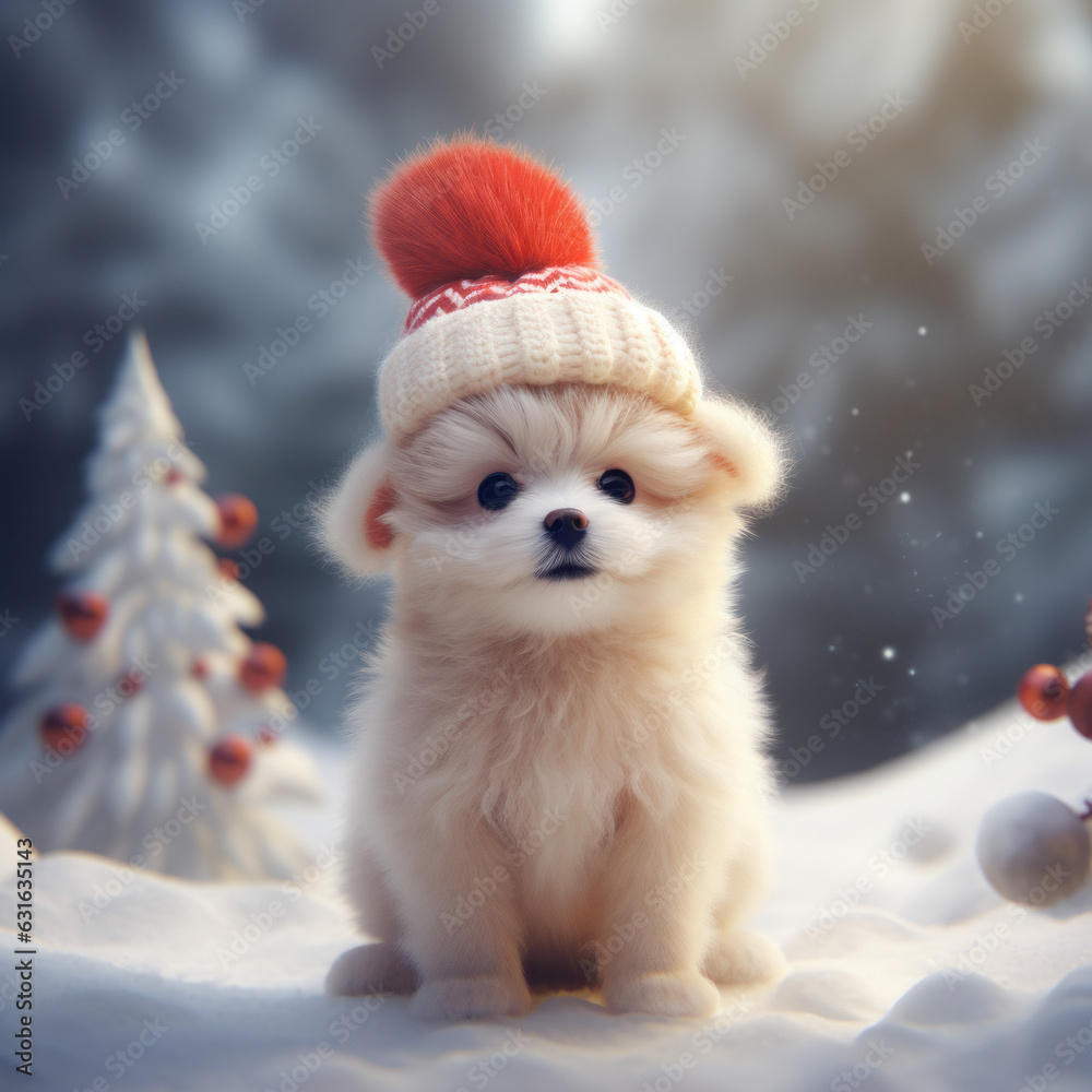 Illustration of a dog in a winter hat on the background of a winter landscape. AI-generated art.
