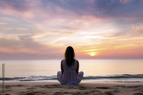 Back view of a woman meditating at the beach at sunset © Melipo-Art