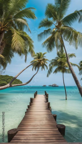 paradise beach with turquoise water, wooden pier and tropical palm trees,  © ART-PHOTOS