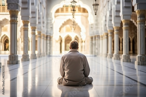 A serene perspective captures the back view of a devout Muslim man engaged in prayer within the tranquil ambiance of a mosque. Generative AI