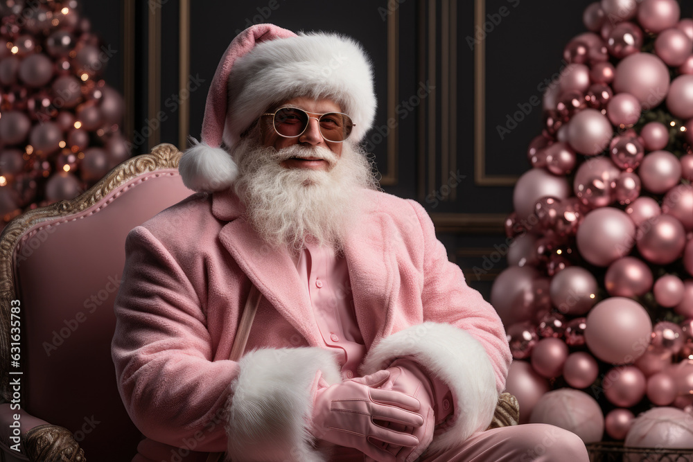Happy Santa Claus in trendy pink costume near Christmas tree Happy Santa Claus in trendy pink costume near Christmas tree
