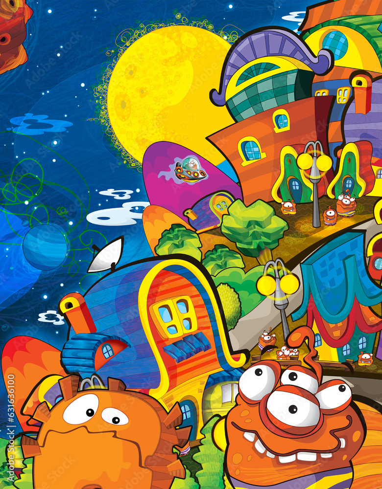 Fototapeta premium Cartoon funny colorful scene of cosmos galactic alien ufo isolated illustration for children