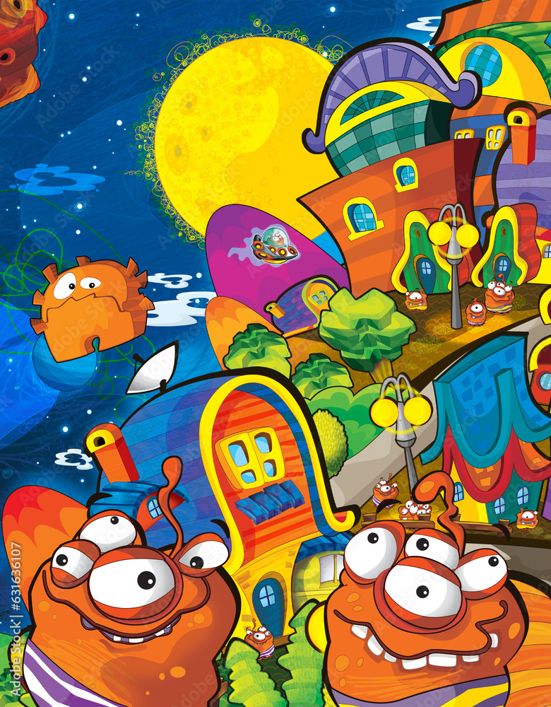 Fototapeta premium Cartoon funny colorful scene of cosmos galactic alien ufo isolated illustration for children