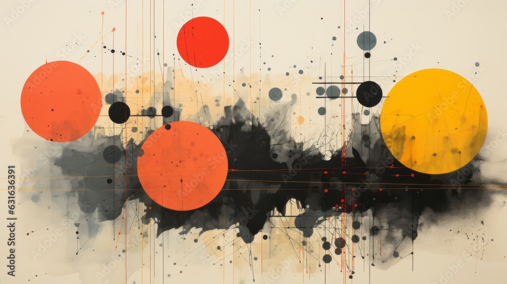 Obraz premium Abstract circles and lines in yellow and orange with black. Generative AI.