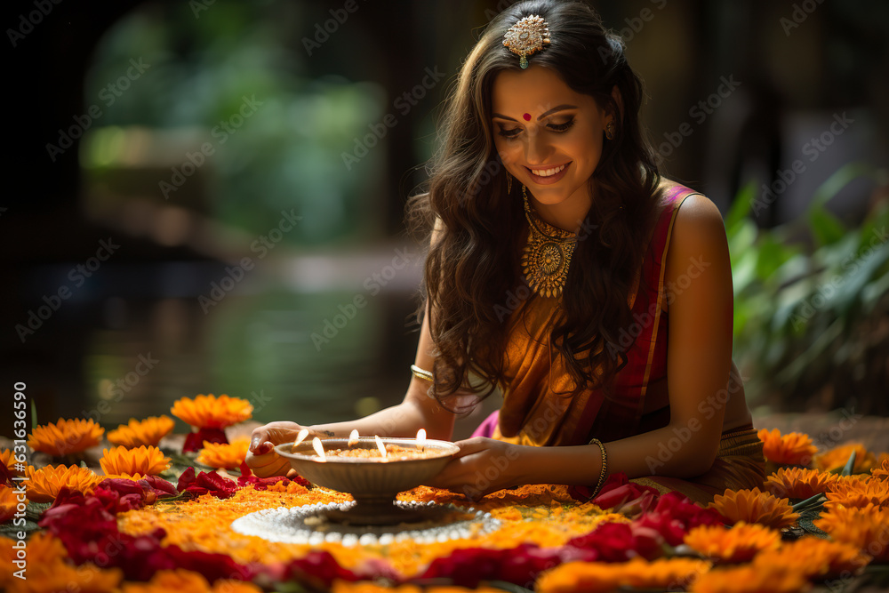 Beautiful Indian woman experiencing the captivating festivity of Onam 
