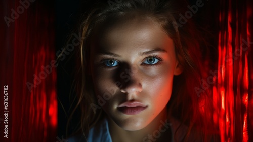 The face of a young woman who is sad or scared, with red and blue lighting. Generative AI. 