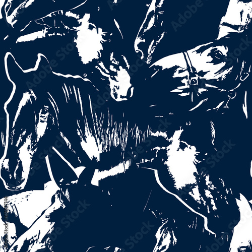 Seamless pattern from the head of horses. Monochrome black and white background.