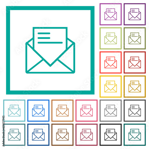 Open mail with letter outline flat color icons with quadrant frames