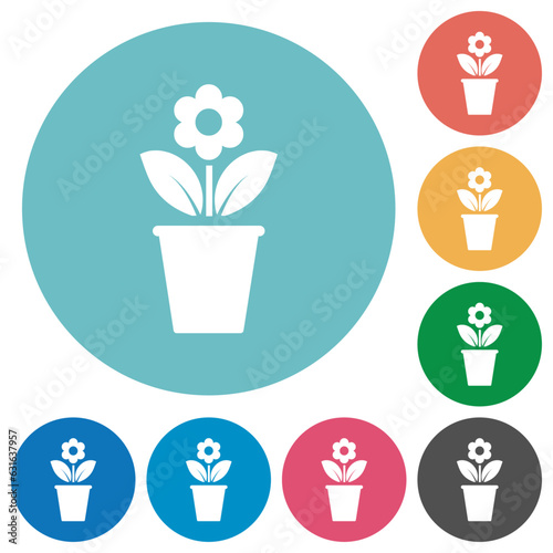 flowerpot with flower and leaves solid flat round icons
