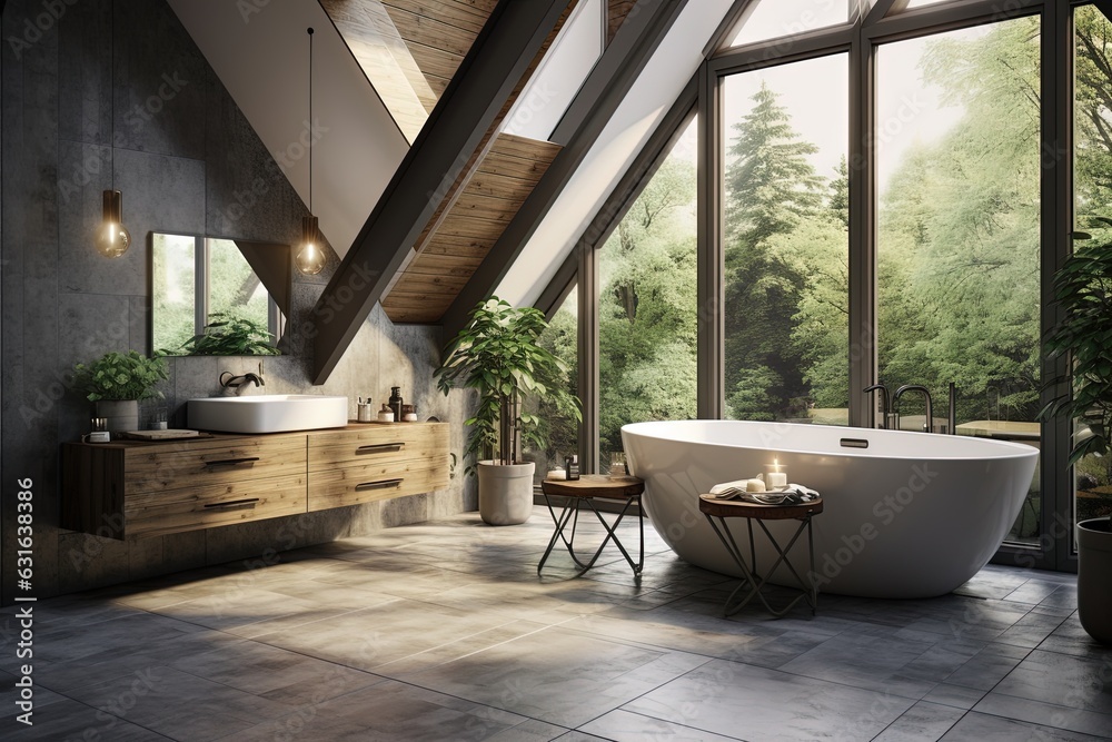 Fototapeta premium Amazing Interior Design of a Modern Bathroom with a Huge Window with the view of the Nature.