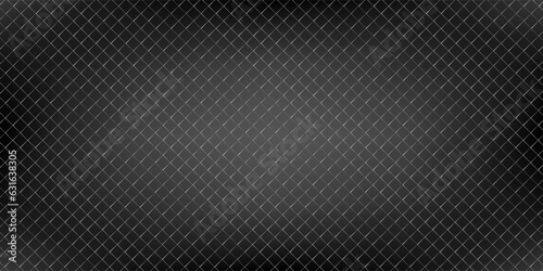Dark grey abstract wide horizontal banner with hexagon carbon fiber grid and orange luminous lines. Technology vector background with orange neon lines.