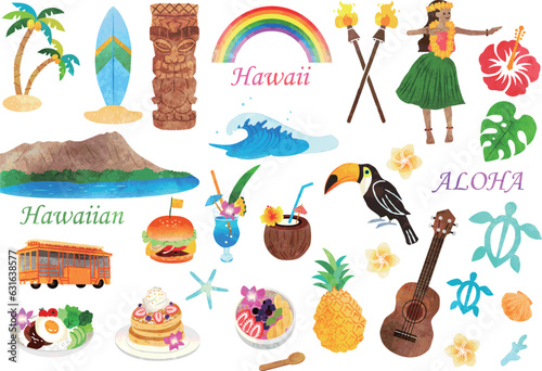 ハワイ　イラストセット　手描き水彩風