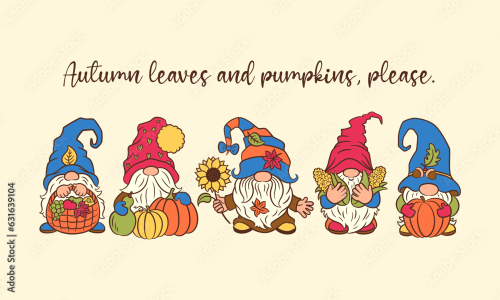 Harvest card cute design with gnomes. Calligraphic greeting text fall quote. Adorable swedish gnome Tomte autumn fun character. Fall Thanksgiving design scandinavian whimsical funny gnome characters.