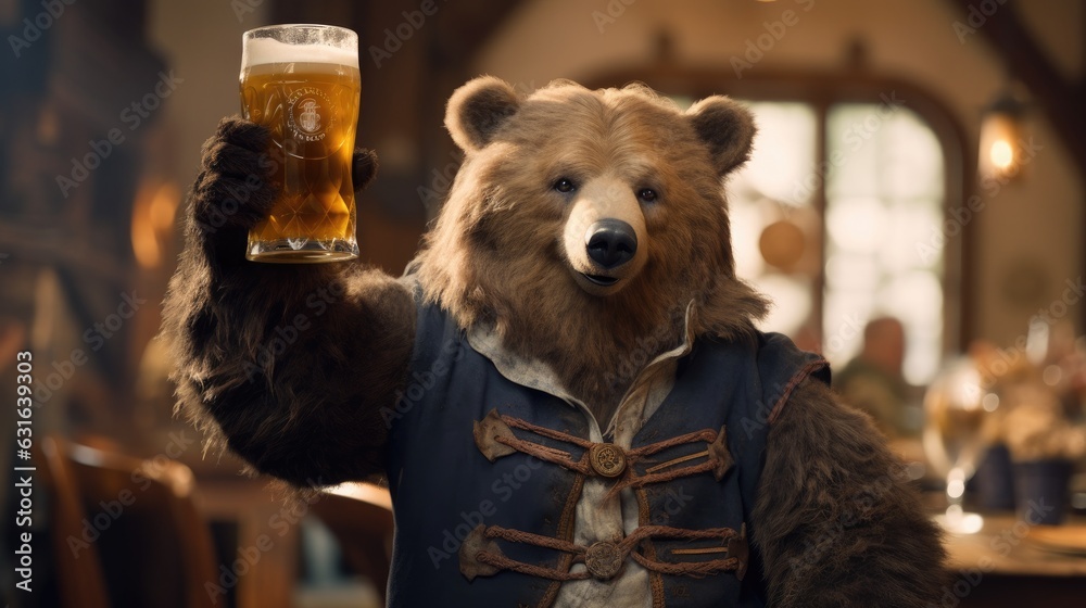 Bear holding up beer in traditional Bavarian clothing. Generative AI