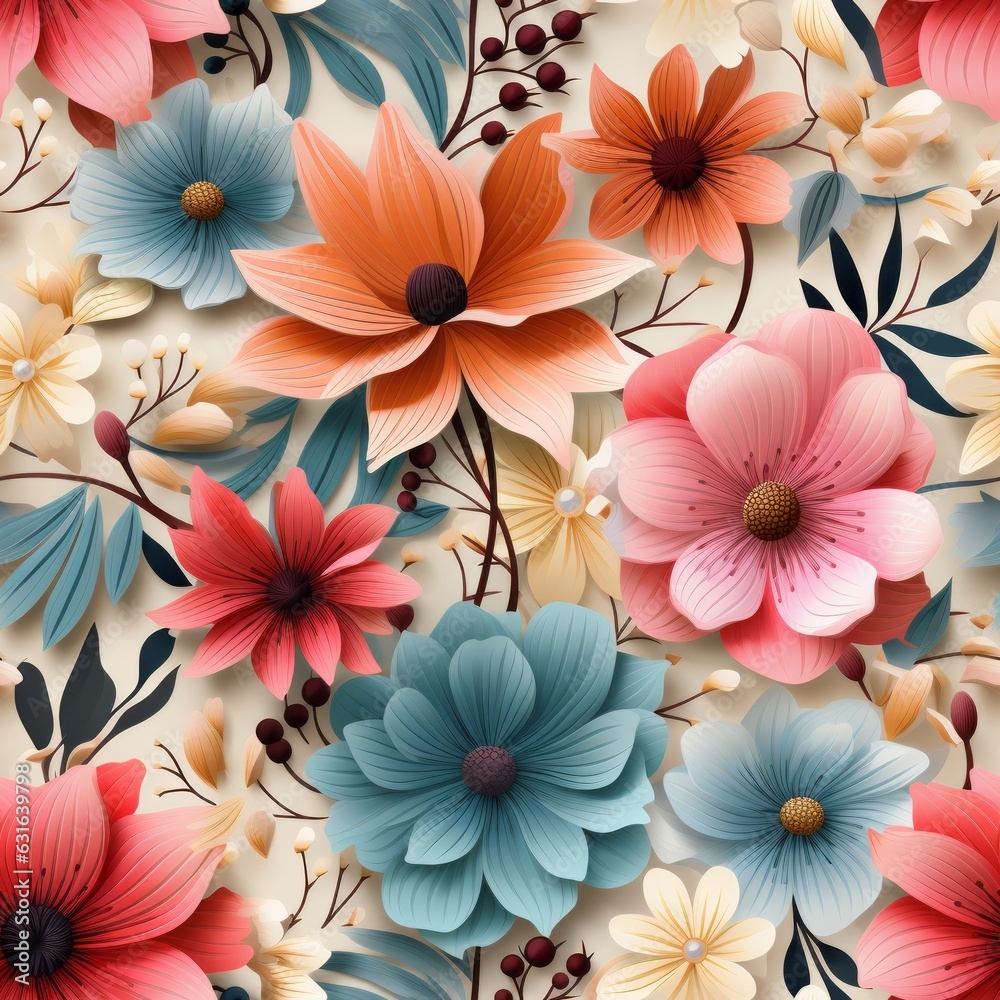 A floral seamless texture of pastel flowers. Generative AI. 