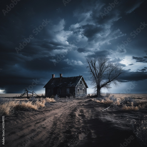 Dark, stormy clouds over a mysterious, abandoned building in a solitary, wild space. Book cover.