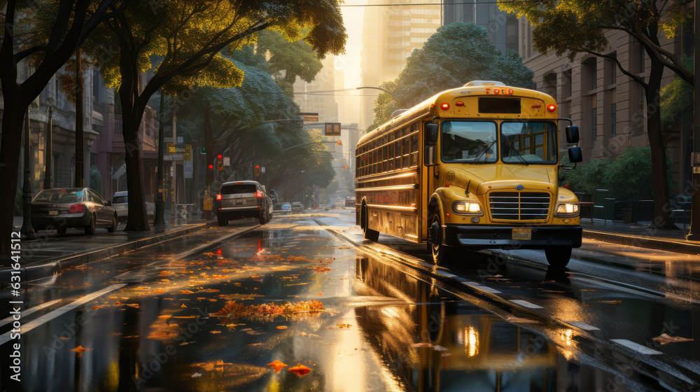 Obraz premium A school bus on the city street in autumn. Generative AI.