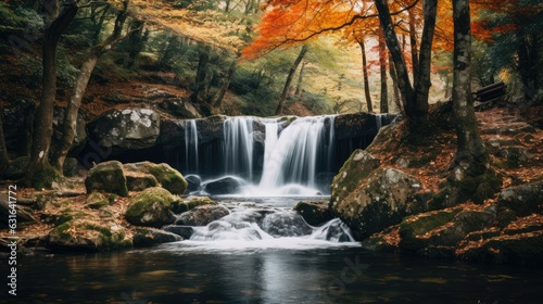 photograph of a cascading waterfall surrounded by lush autumn foliage