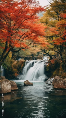 photograph of a cascading waterfall surrounded by lush autumn foliage